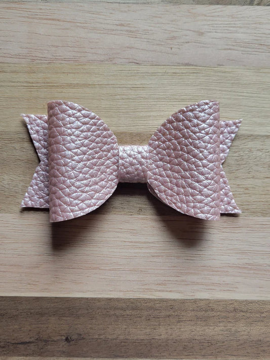 Pink Leather Hair Bow - L Clip